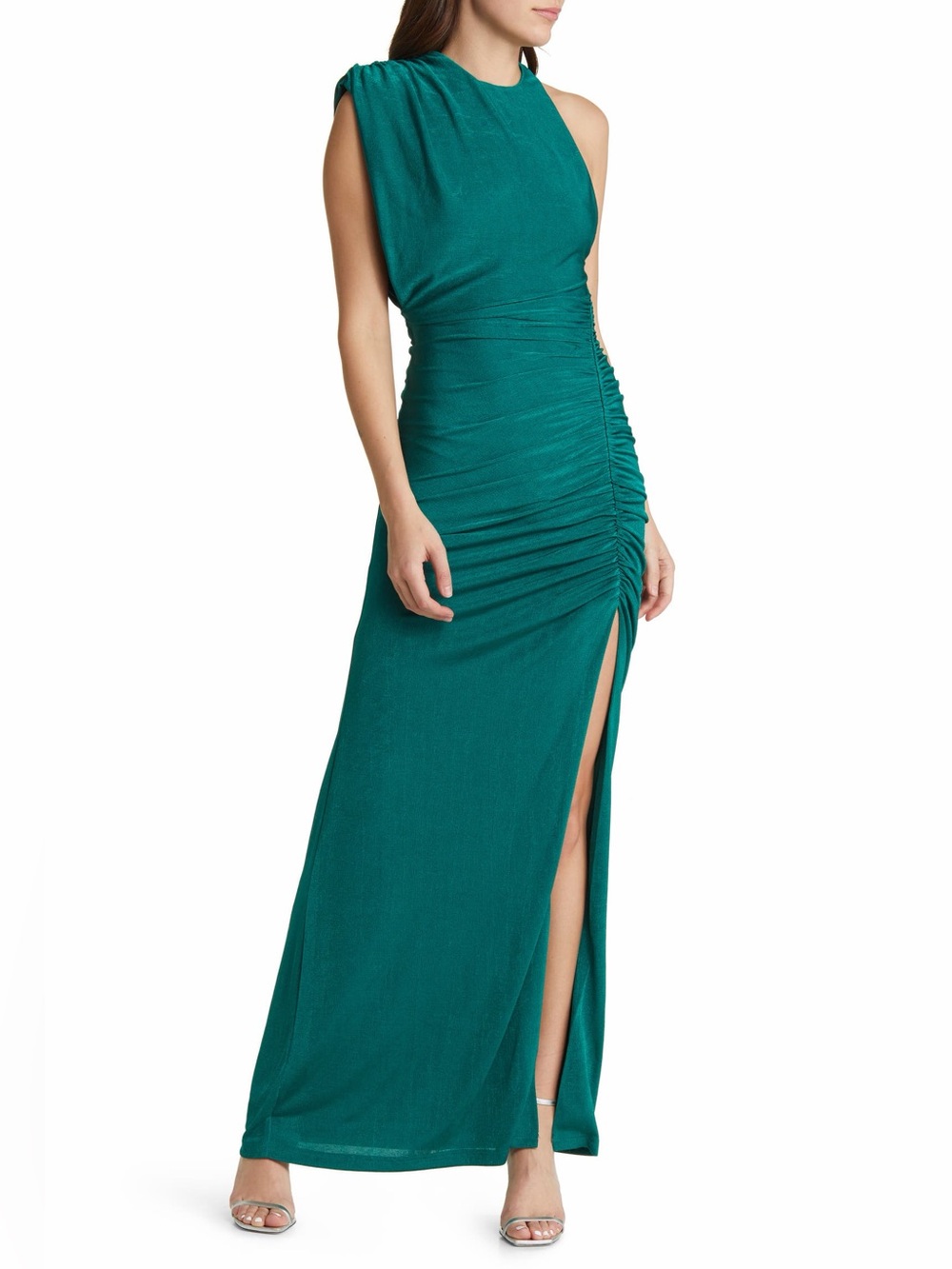 MISHA Collection Chantria Asymmetric Ruched Maxi Dress in Vintage Pine Size Med.